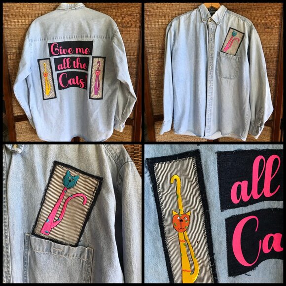 Upcycled Denim Cat Shirt: Patchwork Kitten Graphics Lightweight Jacket Size L - Picture 9 of 9